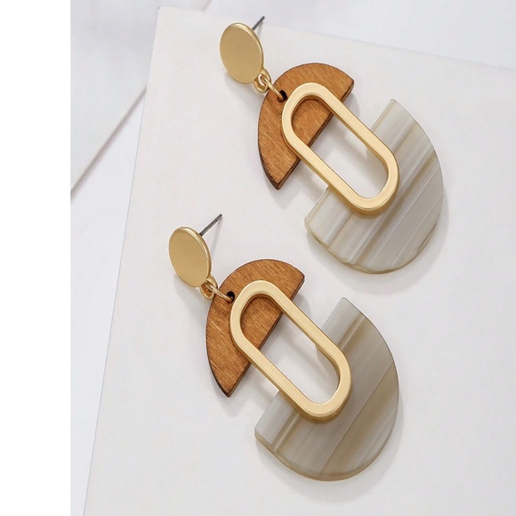 Gold Tone Stainless Steel Statement Wood Earrings - Picture 2 of 3